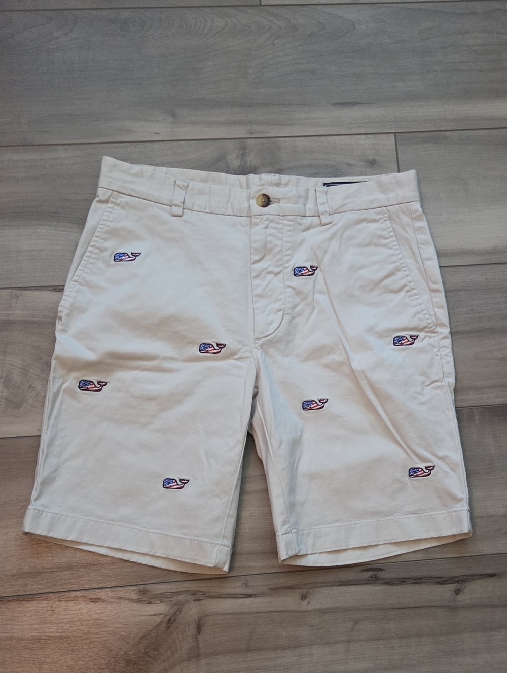 Vineyard Vines Khaki Shorts with Red, White & Blue Whale Embroidery